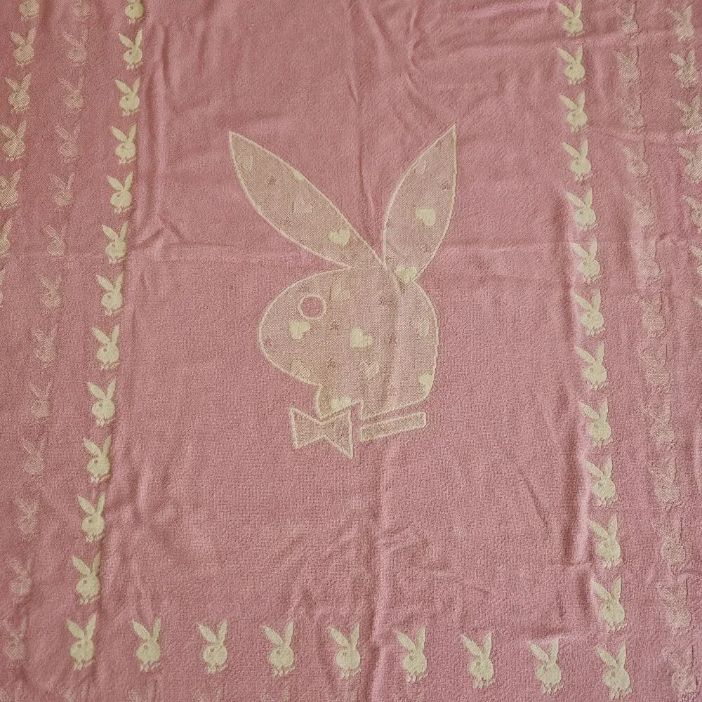 Vintage 2004 Playboy Bunny Reversible Throw Blanket Pink Cream Y2K Fringe